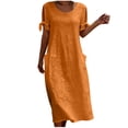 thumbnail image 3 of VBVC Women's Short Sleeve Cotton Linen Midi Dress , Summer Tie Sleeve Dresses For Women,Ladies' Crew Neck Loose Dress with Pockets,Orange,S-3XL, 3 of 8