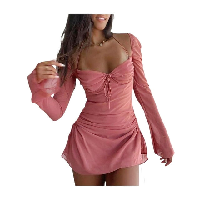 TRKIYQC Vestido de Mujer Adulto Color Sólido Manga Larga Cordón Plisado Cuello Halter Mini Vestido TRKIYQC ocio