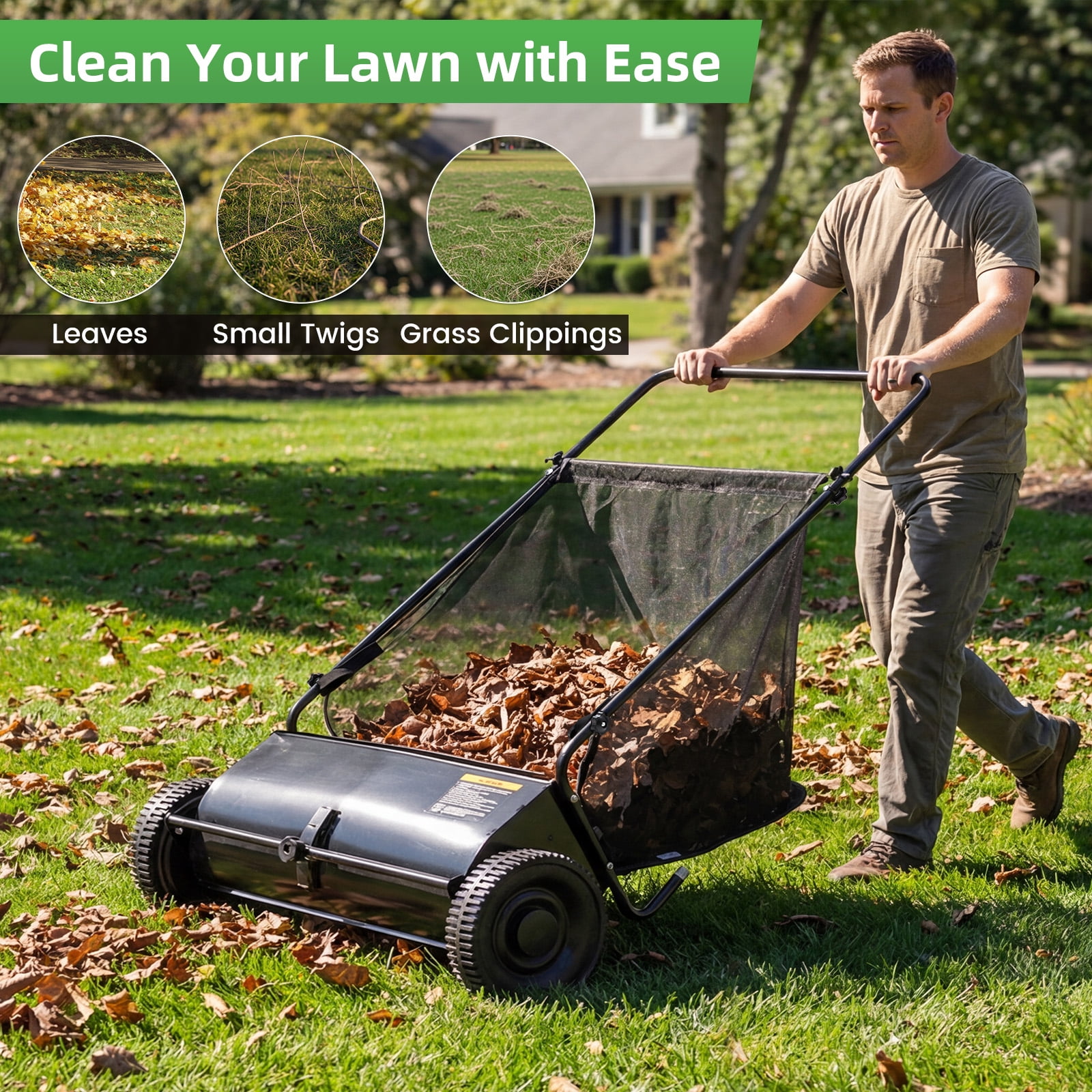 JFHID Push Lawn Sweeper,26 in Leaf & Grass Collector with 7 cu. ft.Hopper Bag Heavy Duty Yard Sweeper with 10" Rubber Wheels for Lawn