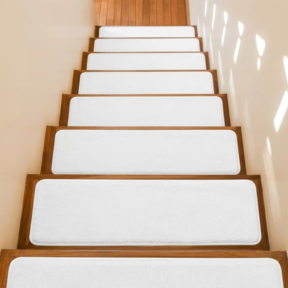 Pure White Stair Treads Non Slip for Steps Solid Color 4 Pcs Reusable Adhesive Stair Runner Mats for Dogs Elders Carpet Treads Rugs for Staircase 8x30 In