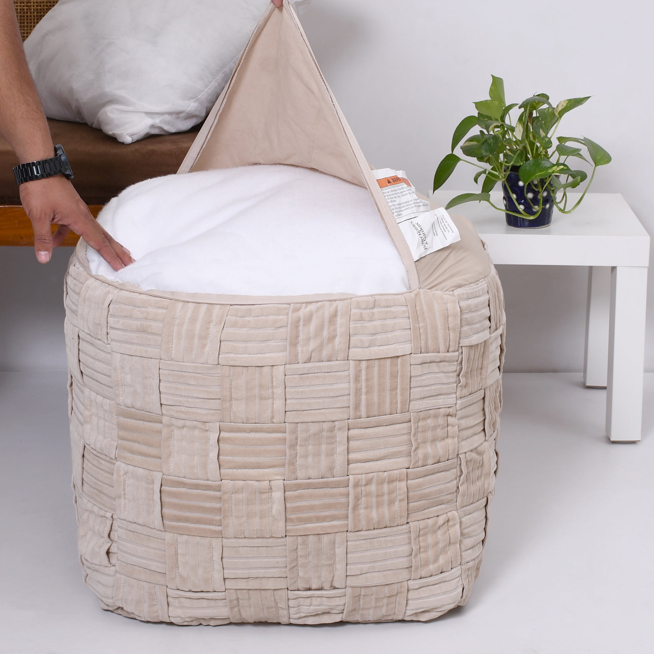 Better Homes & Gardens Velvet Woven Pouf Cover, Latte Swirl