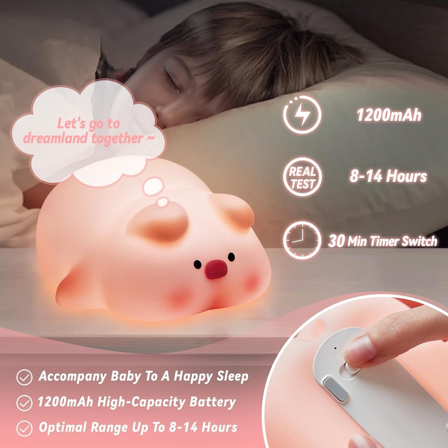Night Light for Kids - 3-Level Dimmable Silicone Lamp, USB-C Rechargeable Nursery Light with Auto-Off Timer for Bedroom & Breastfeeding