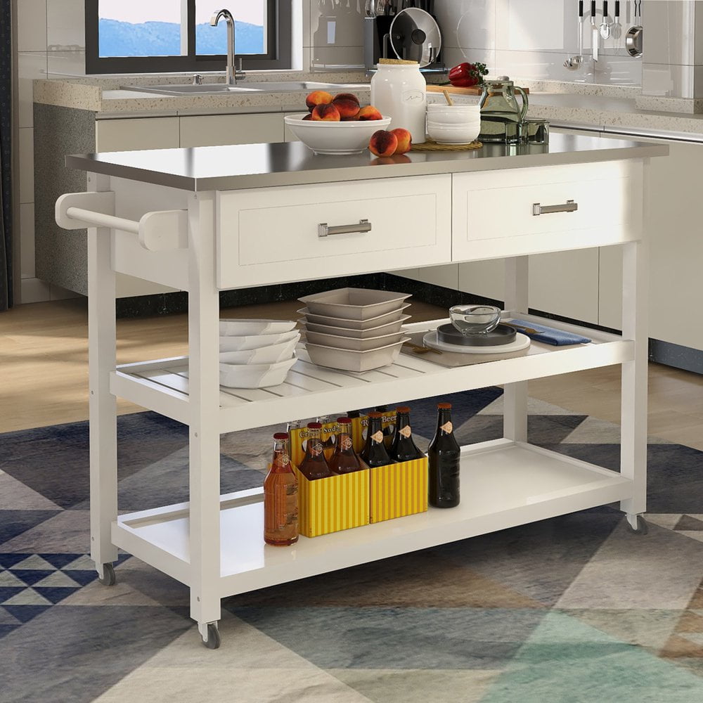 Hassch Kitchen Island with 2 Drawers Stainless Steel Table Top Storage Cabinet on Wheels, White