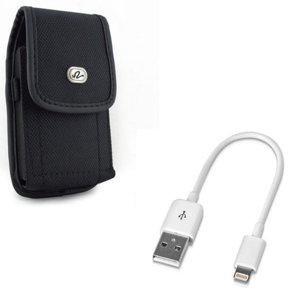 Short USB Cable w Case Belt Clip for iPhone XR - Charger Cord Power Wire Fast Charge, Rugged Holster Canvas Cover Pouch Compatible With iPhone XR