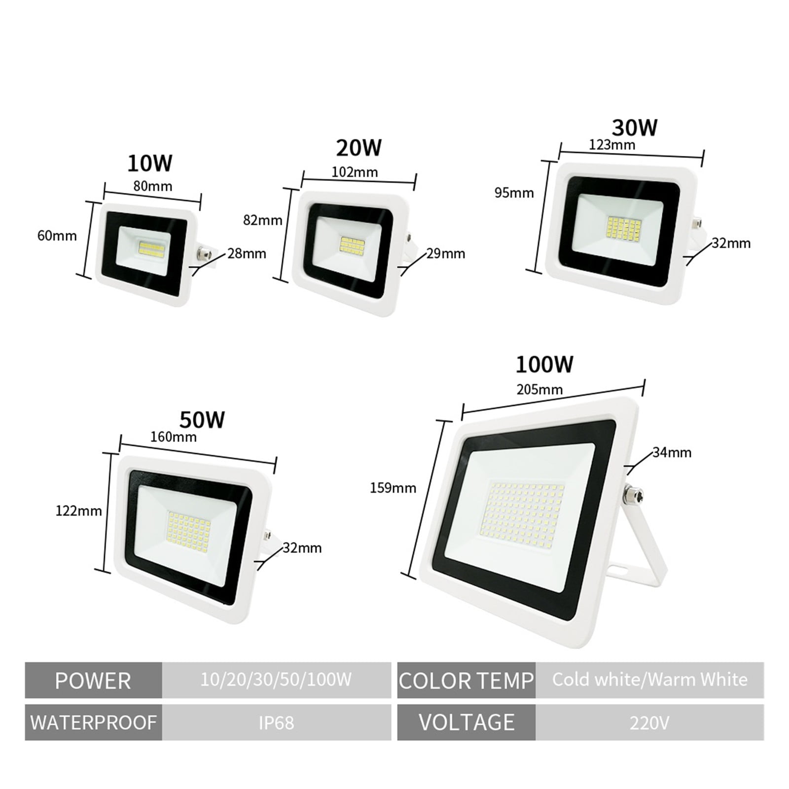 LED Flood Light, 10W 20W 30W 50W 100W Reflector Floodlight Waterproof IP68 Outdoor Lighting Reflector LED Spotlight ,Durability
