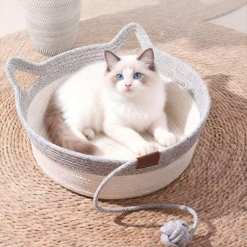 Handwoven cat Basket, cat Toy Basket with a Playing Rope Ball, Foldable Scratchable Hammock with Cat Ear Design - Breathable & Easy to Clean