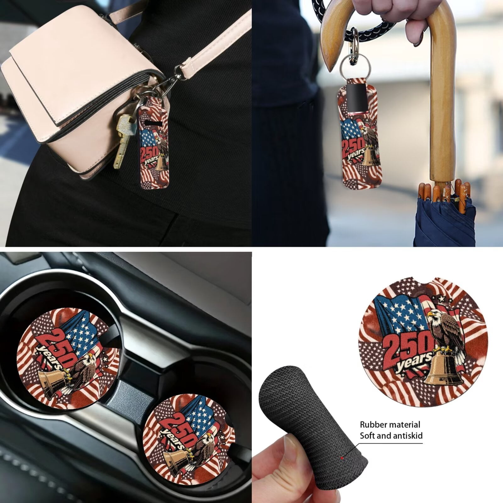 Jeiento 250th Anniversary Car Seat Covers Front Rear Split Bench Full Set Steering Wheel Seat Belt Pads American Eagle Armrest Pad Flag Coasters Key Chain, 13 PCS Auto Interior Accessories