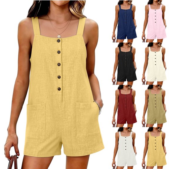 Rompers for Women Sleeveless Solid Color Jumpsuits for Women Button Down Cotton Summer Shorts Vacation Outfits Yellow