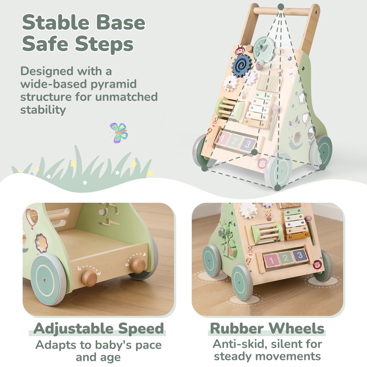Wooden Baby Walker, Caveen Montessori Push Walker with Activity Center，Adjustable Speed and Height Baby Push Walking Toys for 12 Months