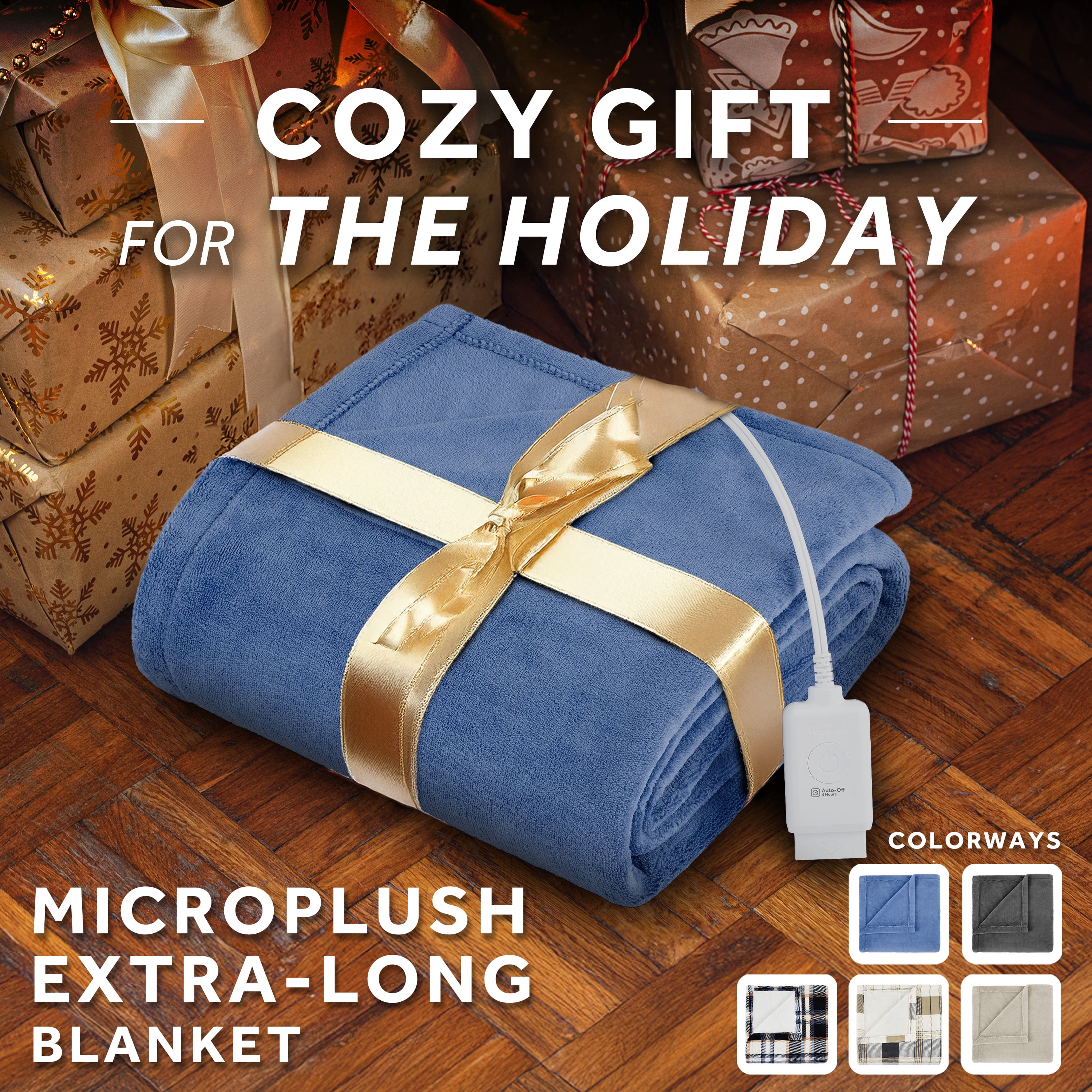 Sunbeam Electric Heated Throw Blanket Oversize Blue Corduroy Microplush 4 Heat Settings