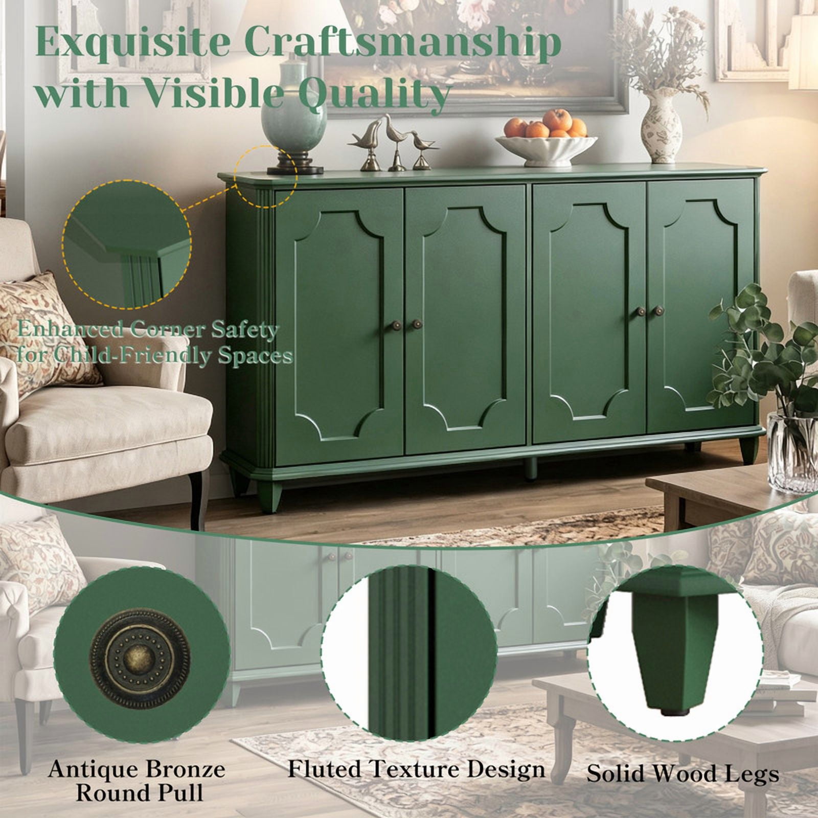 Vintage Farmhouse Buffet Sideboard Cabinet, 4 Embossed-Door Storage Cupboard, Versatile Cabinet with Adjustable Shelf