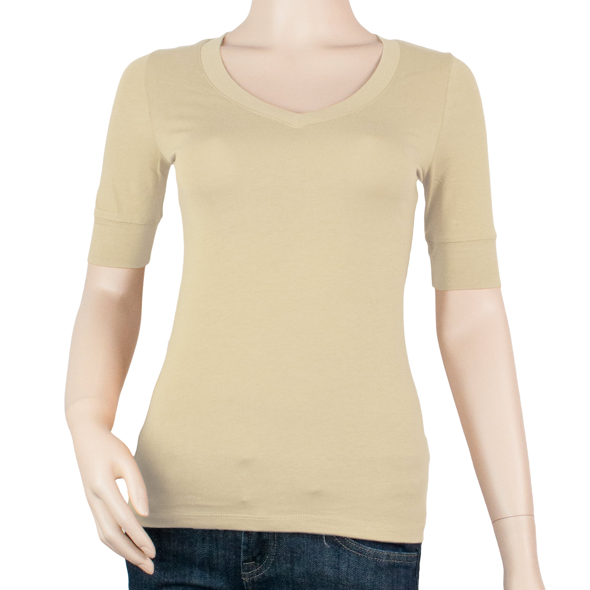 Snj Womens Basic Elbow Sleeve V Neck Cotton T Shirt Plain Top Plus