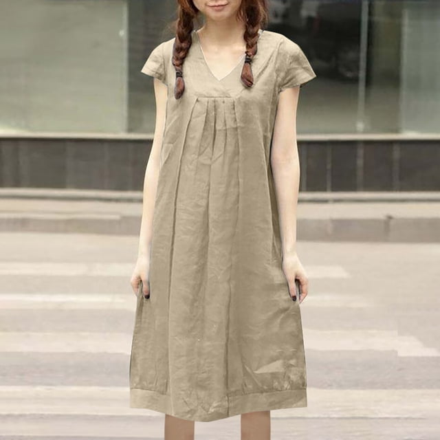 Robes d'Été Décontractées pour Femmes Col en V Manches Courtes Robe en Coton et Lin Couleur Unie Ample Cache la Graisse du Ventre Robe Midi