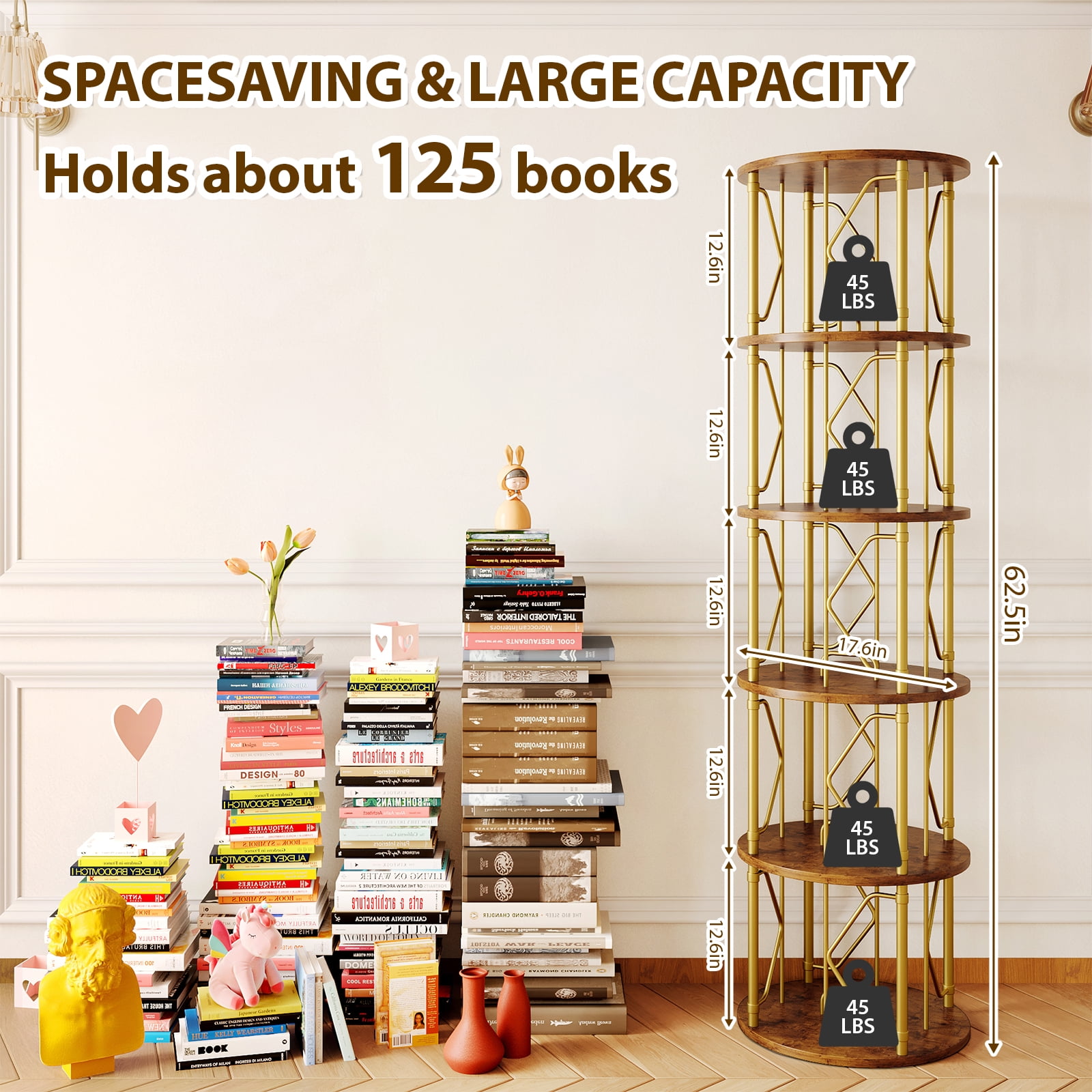 LLappuil 5 Tier Rotating Bookshelf, 360° Display Swivel Bookcase, Corner Bookshelf for for Bedroom, Living Room Gold