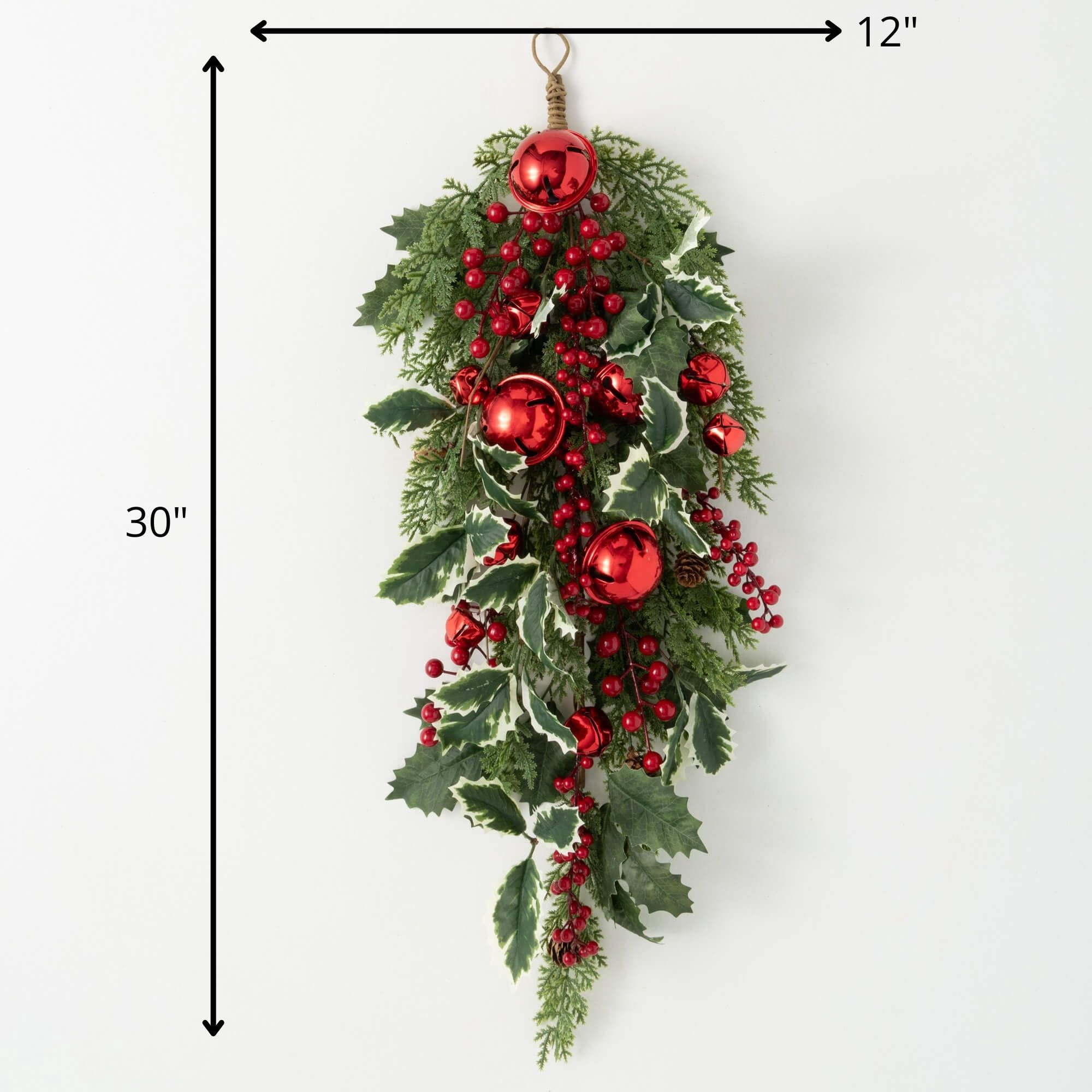 30"H Sullivans Artificial Jingle Bell Holly Pine Christmas Swag, Green-Red
