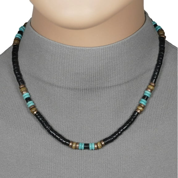 Handmade Unisex Black Coco Shell with Turquoise and Copper Beaded Necklace – 18 inch