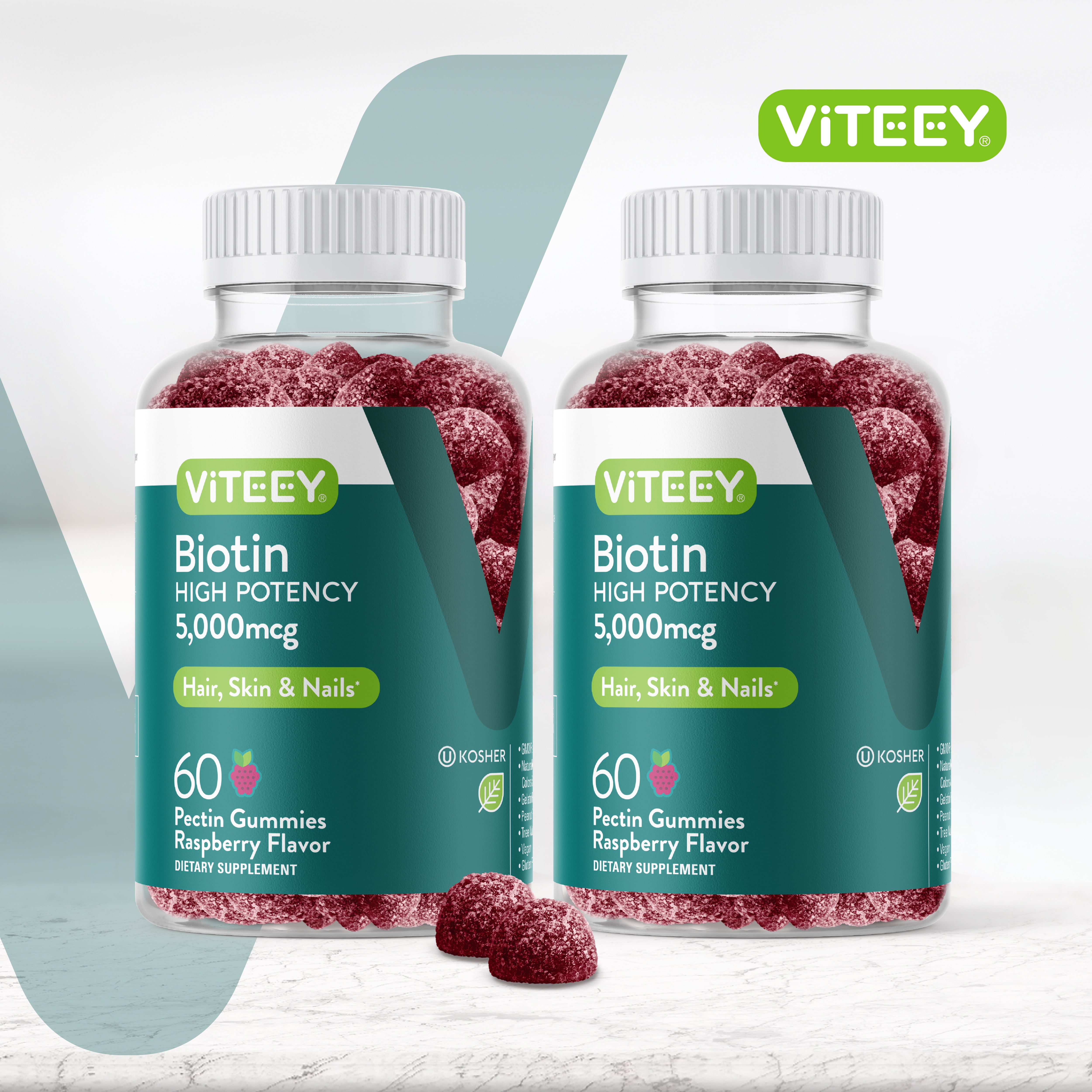 VITEEY Biotin Gummies 5,000 mcg, Hair Skin and Nails, Raspberry Flavor, 60 Count, 2 Pack