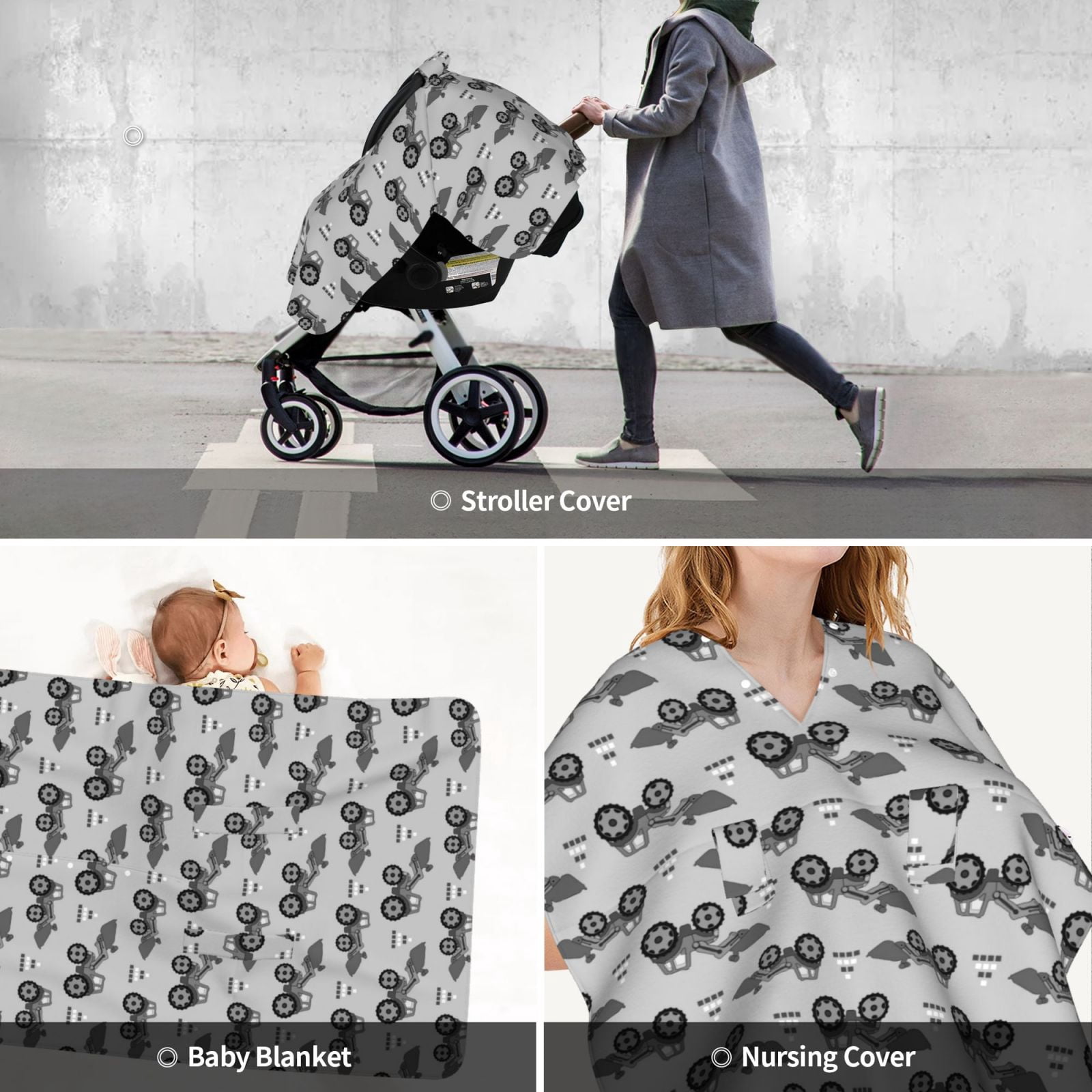 Car Seat Cover Baby - Gray Tractor Breathable Infant Car Seat Cover for Baby Carseat, Lightweight Comfort Baby Essentials Must Haves Newborn Stuff for Girl Boy