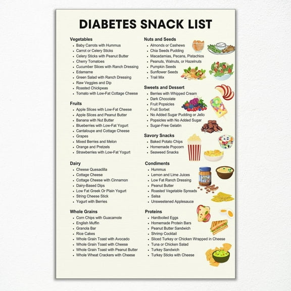 Diabetic Snacks & Food Chart Canvas Wall Art, Diabetes Food List Chart Poster, Diabetic Diet for Type 2 Diabetes, Dietitian Meal Plan and Grocery List Picture for Kitchen Poster