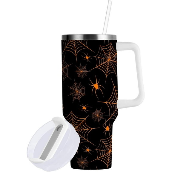 Emelivor Orange Halloween Spider Web 40 oz Tumbler with Lid and Straw Insulated Tumblers with Handle Thermal Stainless Travel Coffee Mug Cup Water Bottle for Hot or Ice Coffee Tea