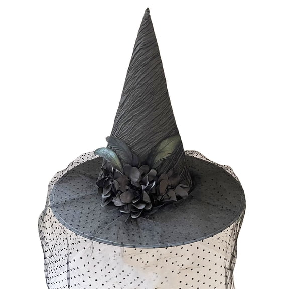 Yuanlong Womens Witch Hat Polka Dot Tulle Veil Pointed Bat Pattern Fancy Dress Halloween Stage Performance Hat