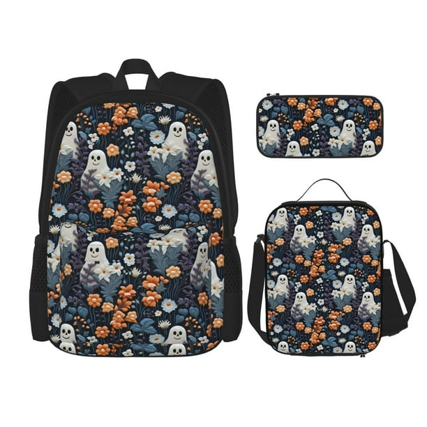 Easygdp Cute ghost in the flowers Mochila para Niños y Niñas con Set de Caja de Almuerzo y Estuche para Lápices 3 en 1, Mochila Escolar Estampada para Adolescentes