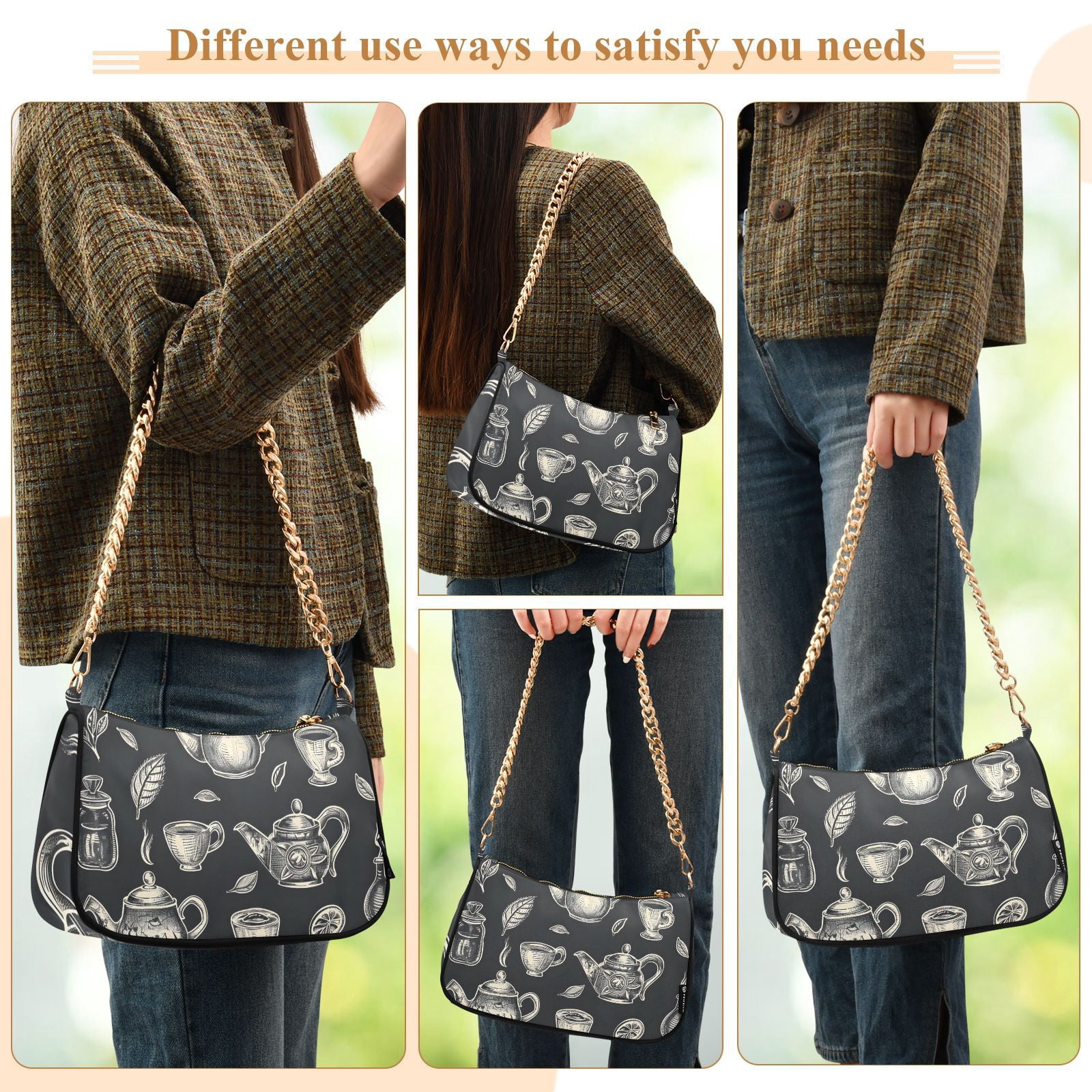 Tea Pots Cups LeavesWomen Small Shoulder Bag Crossbody Tote Hobo Bags Purse Clutch Handbags with Chain Strap for Women