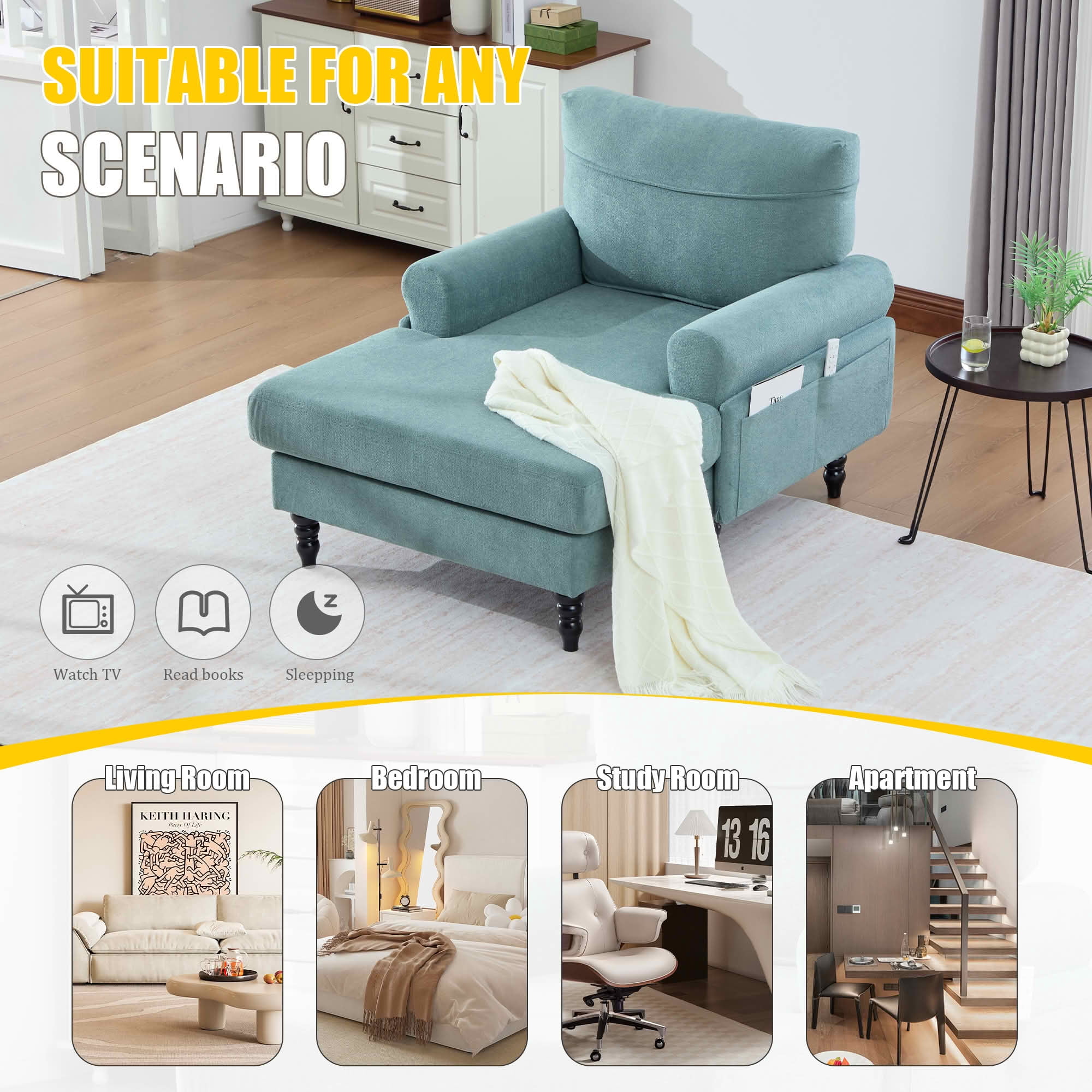MAYEERTY Modern Minimalist Chenille Chaise Lounge with Armrests & Side Storage Pockets, Wide Seat Single Recliner Sofa with Solid Wood Legs for Living Room Bedroom Office