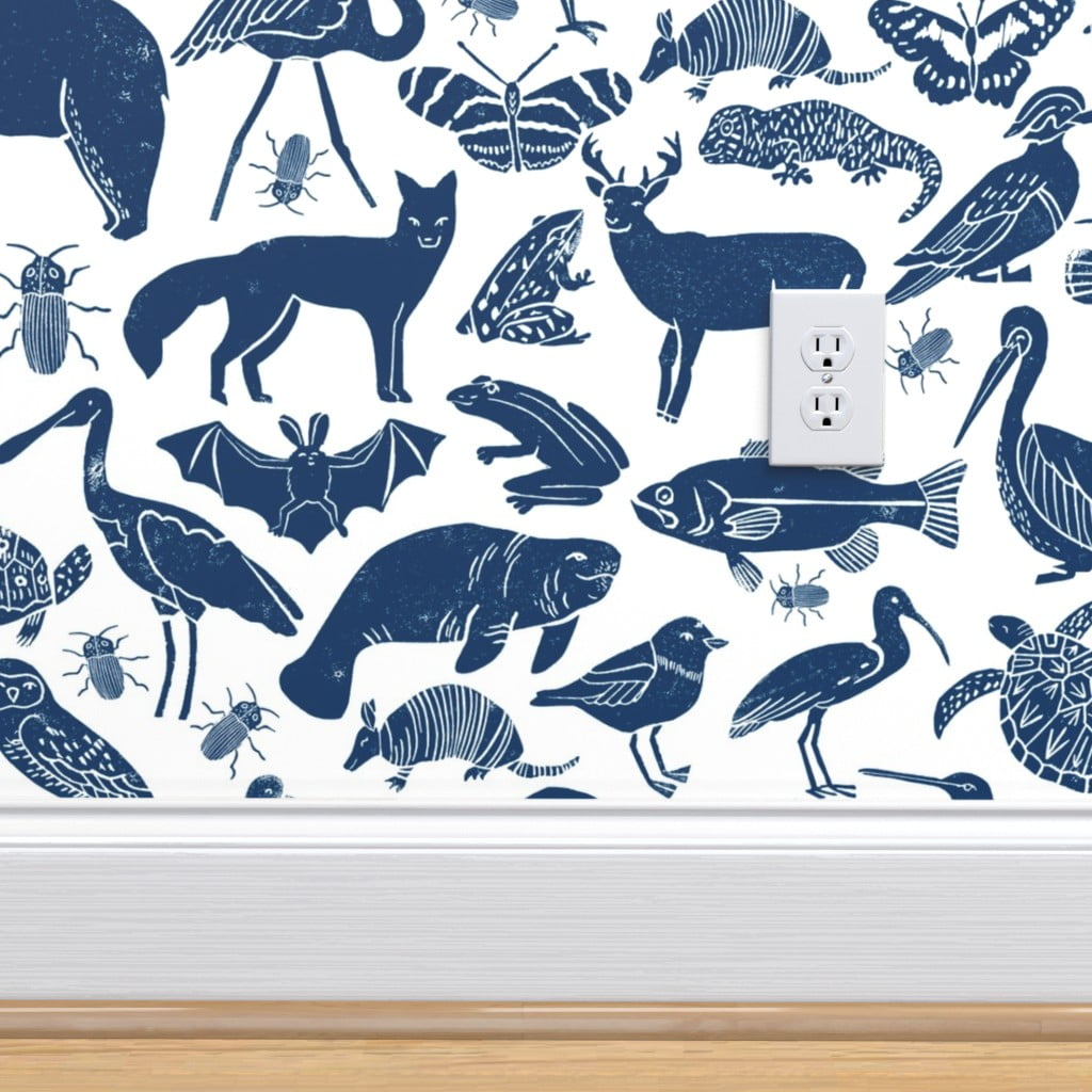 Removable Water-Activated Wallpaper Animals Linocut Zoo Animals Botanical Removable Water-Activated Wallpaper Animals Linocut Zoo Animals Botanical