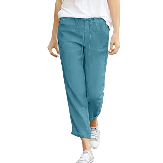 MIASHUI Pantalon à Cordon pour Femme en Coton et Lin Coupe Décontractée Capri Sarouel Pantalon Décontracté Confortable Ourlet Roulé Pantalon Bleu Ciel,m