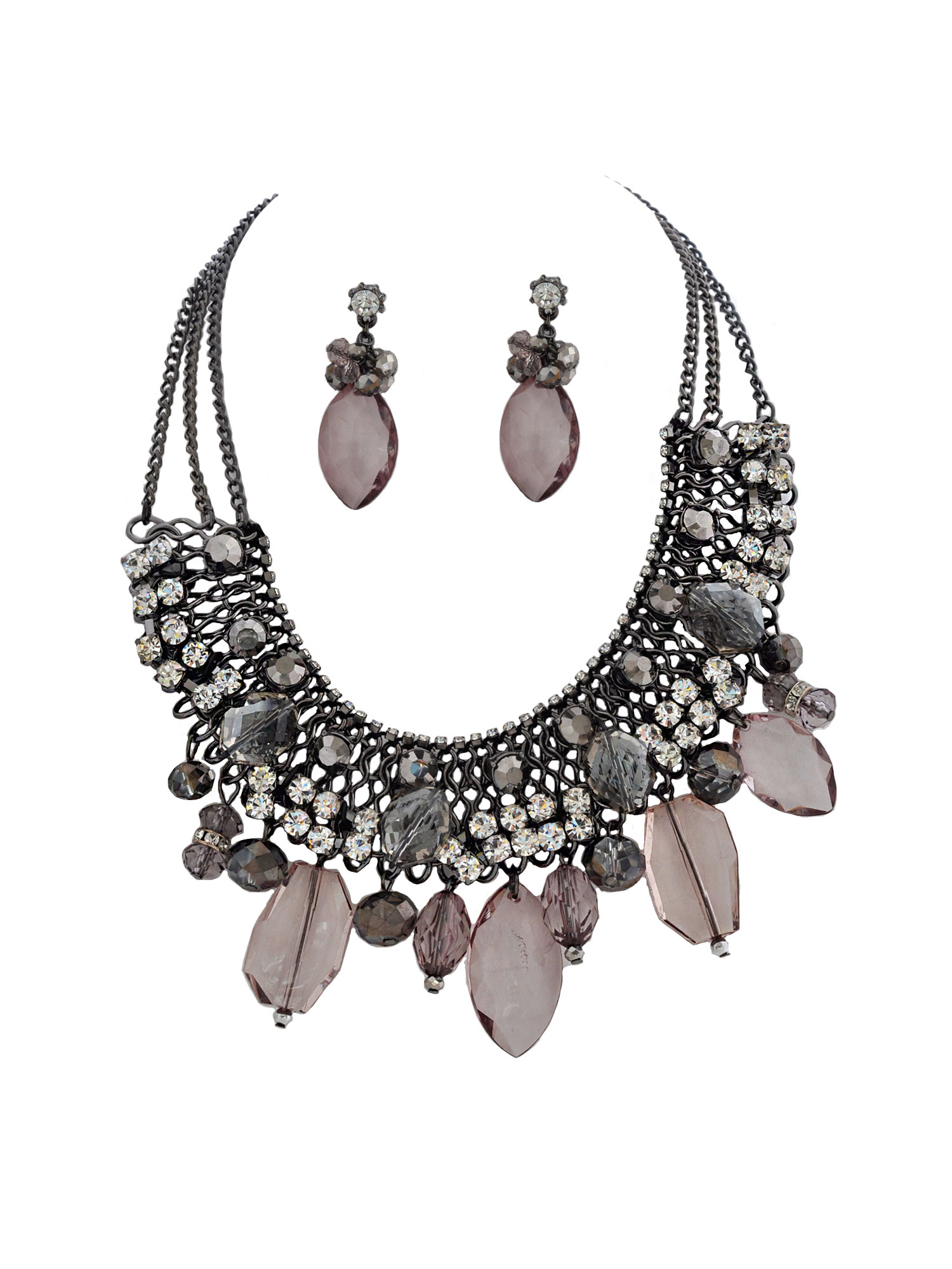 Women Fashion Pendant Chain Resin Rhinestone Statement Necklace Earring