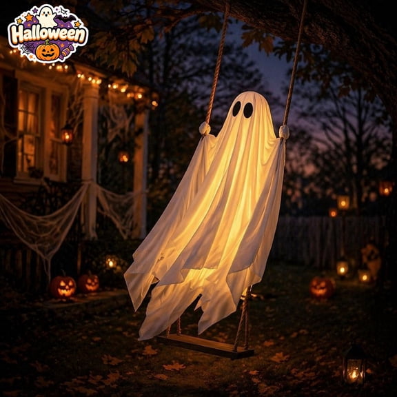 6FT Ghost On Swing Hanging Ornament, Light Up Floating Fabric Ghost with LED Lights, Indoor Outdoor Halloween Decorations, Remote Control Ghost Pendant for Tree Porch Yard Halloween Party Decor