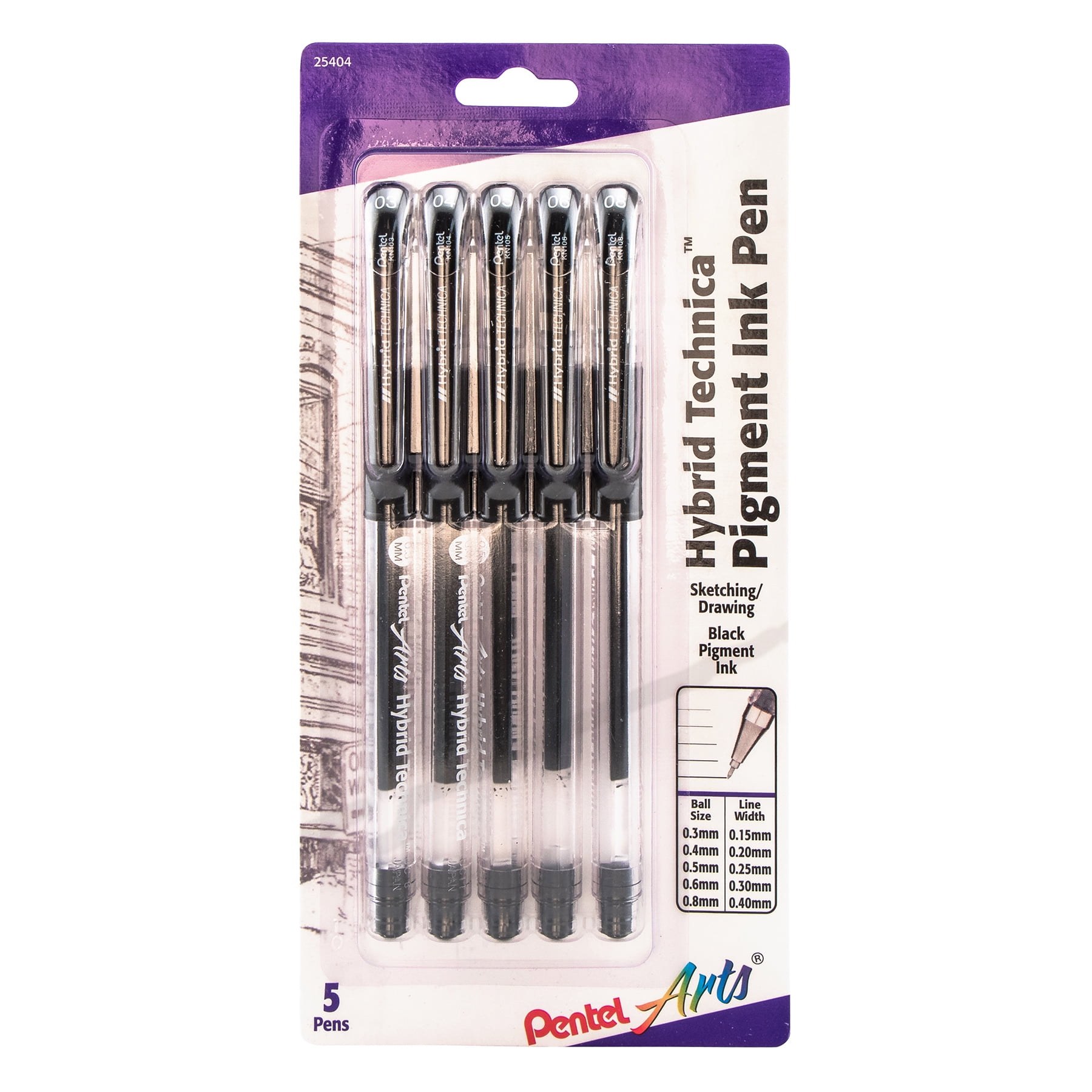 Pentel Arts Hybrid Technica Gel Pen, Assorted Tip Sizes (0.05, 0.1, 0.3, 0.5, 0.8), Black Ink, 5 Per Pack, 2 Packs