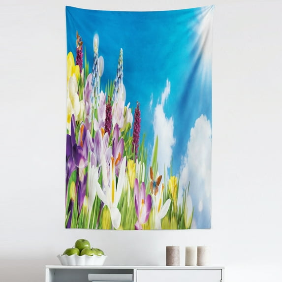 Flowers Tapestry, Colorful Spring Meadow Under Sunny Summer Sky Daffodil Anemone Gladiolus, Fabric Wall Hanging Decor for Bedroom Living Room Dorm, 5 Sizes, Sea Blue Multicolor, by Ambesonne