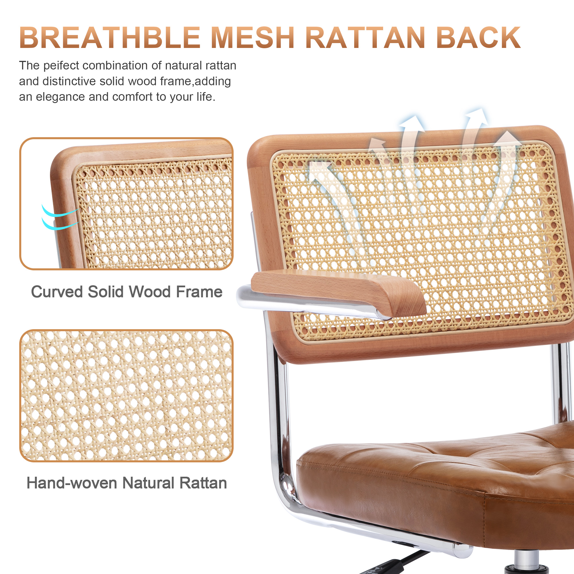 ONEVOG Tufted Leather Desk Chair, Swivel Home Office Chair with Rattan Back, Upholstered Vanity Chair with Arm, Adjustable Height Computer Task Chair, Brown