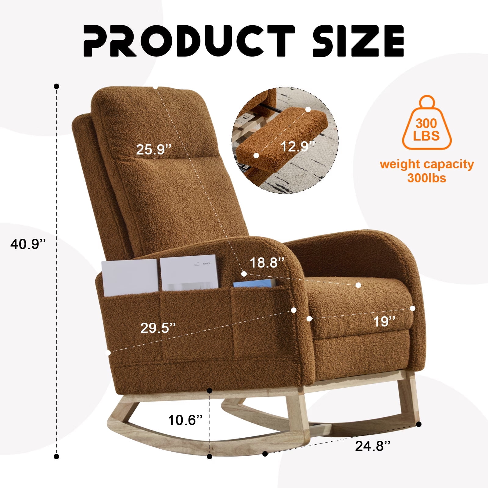 Brookwell Cozy Reclining Rocking Chair – Ergonomic Upholstered Glider with Pocket Storage, Adjustable Backrest, and Wooden Base for Living Room, Bedroom, Nursery