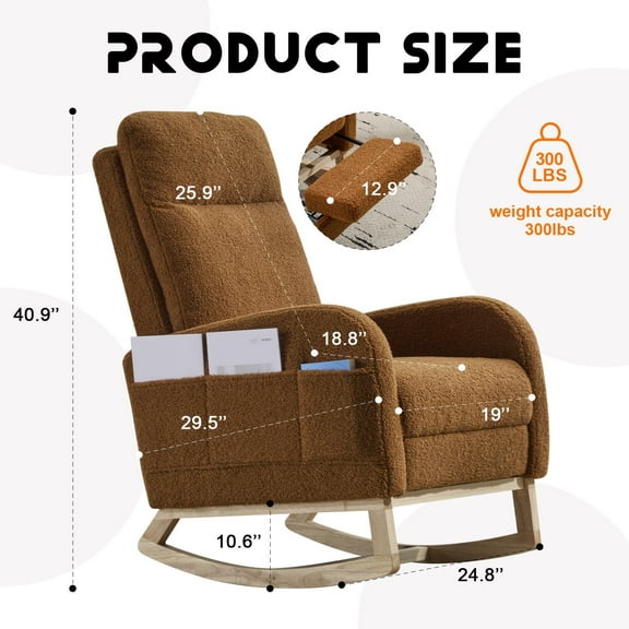 Brookwell Cozy Reclining Rocking Chair – Ergonomic Upholstered Glider with Pocket Storage, Adjustable Backrest, and Wooden Base for Living Room, Bedroom, Nursery