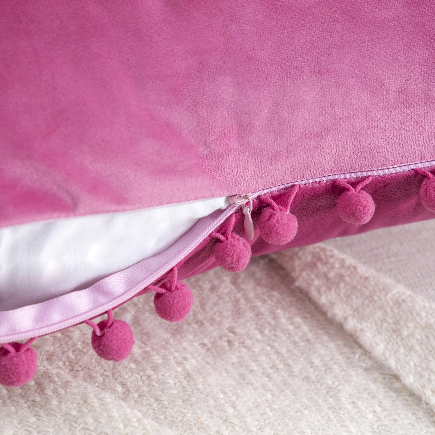 Phantoscope Pink Throw Pillow Covers 2 Pack, 12" x 20" Velvet Decorative Pillow Cases with Pom Poms, Soft Square Cushion Covers for Couch Sofa Bed