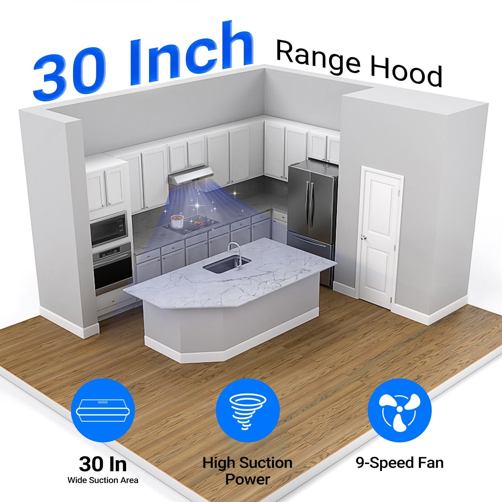 AMZCHEF Under Cabinet Range Hood 30 Inch, 750CFM Wall Mount Range Hood with 3 Speed Kitchen Exhaust Fan, Button Control, AC Motor