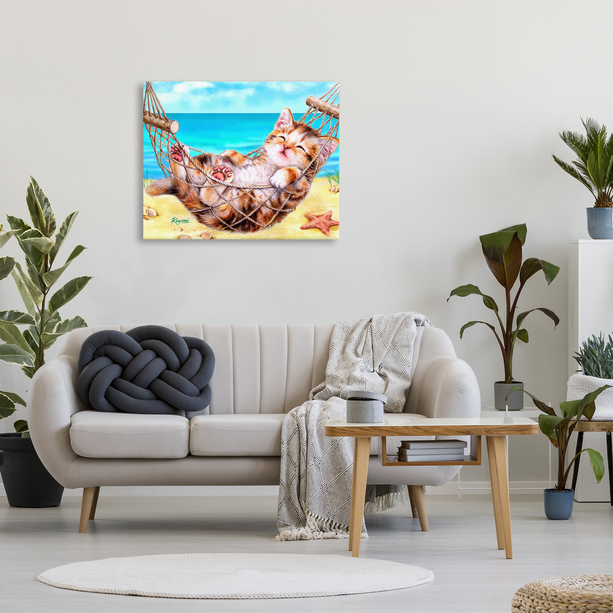 Stupell Industries Kitten in Beach Hammock Animals & Insects Painting Gallery Wrapped Canvas Art Print Wall Art, 40 x 30