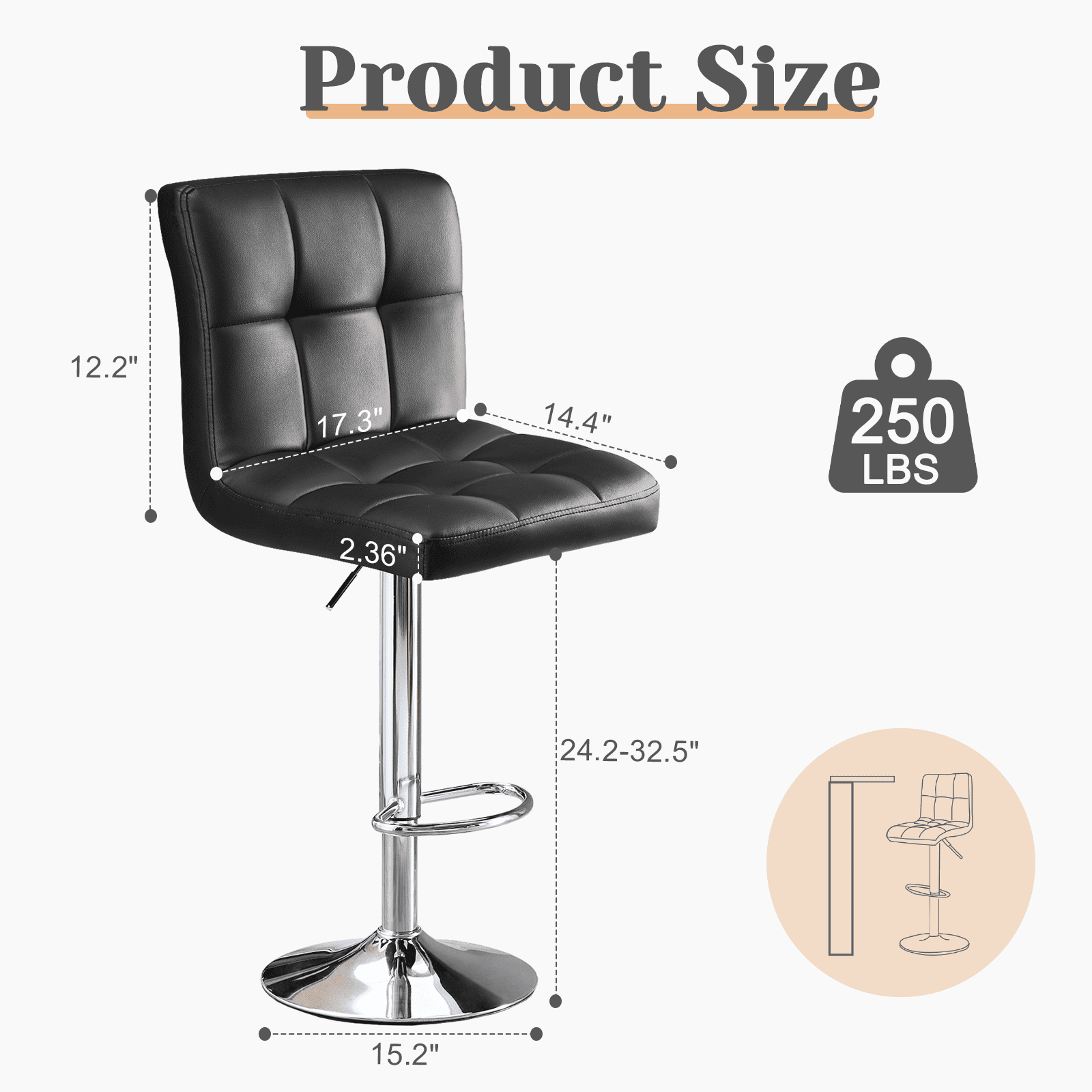 MAYEERTY Bar Stools Set of 2, Counter Height Barstools, Height Adjustable PU Leather Swivel Barstool, Black