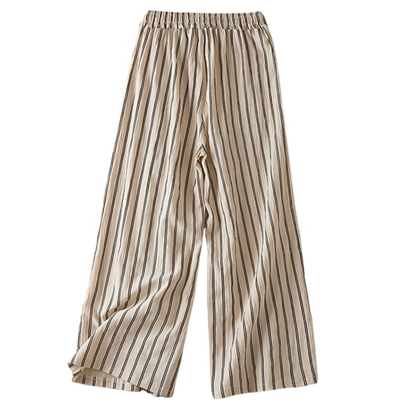 FUNUONY Lightweight Wide Leg Cropped Pants for Women High Waisted Loose Casual Lounge Travel Work Sweatpants Summer Retro Cotton and Linen Striped Loose Straight Leg Cropped Pants Beige L