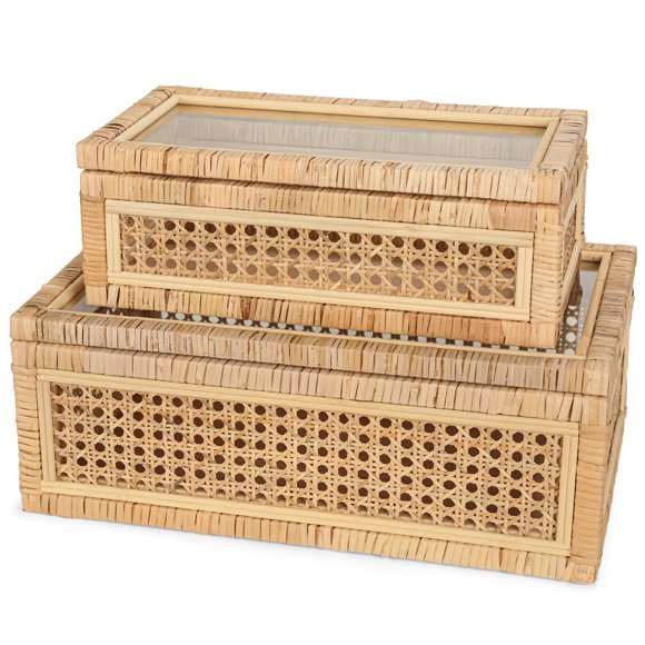 Cajas de almacenamiento SUJUN de ratán tejido bohemio con tapas de vidrio (juego de 2)