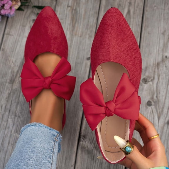 absuyy Womens Pointed Toe Mary Jane Flats Bow Ballet Comfortable Low Block Heel Cushioned Suede-like Dress Shoes Red,Size 7