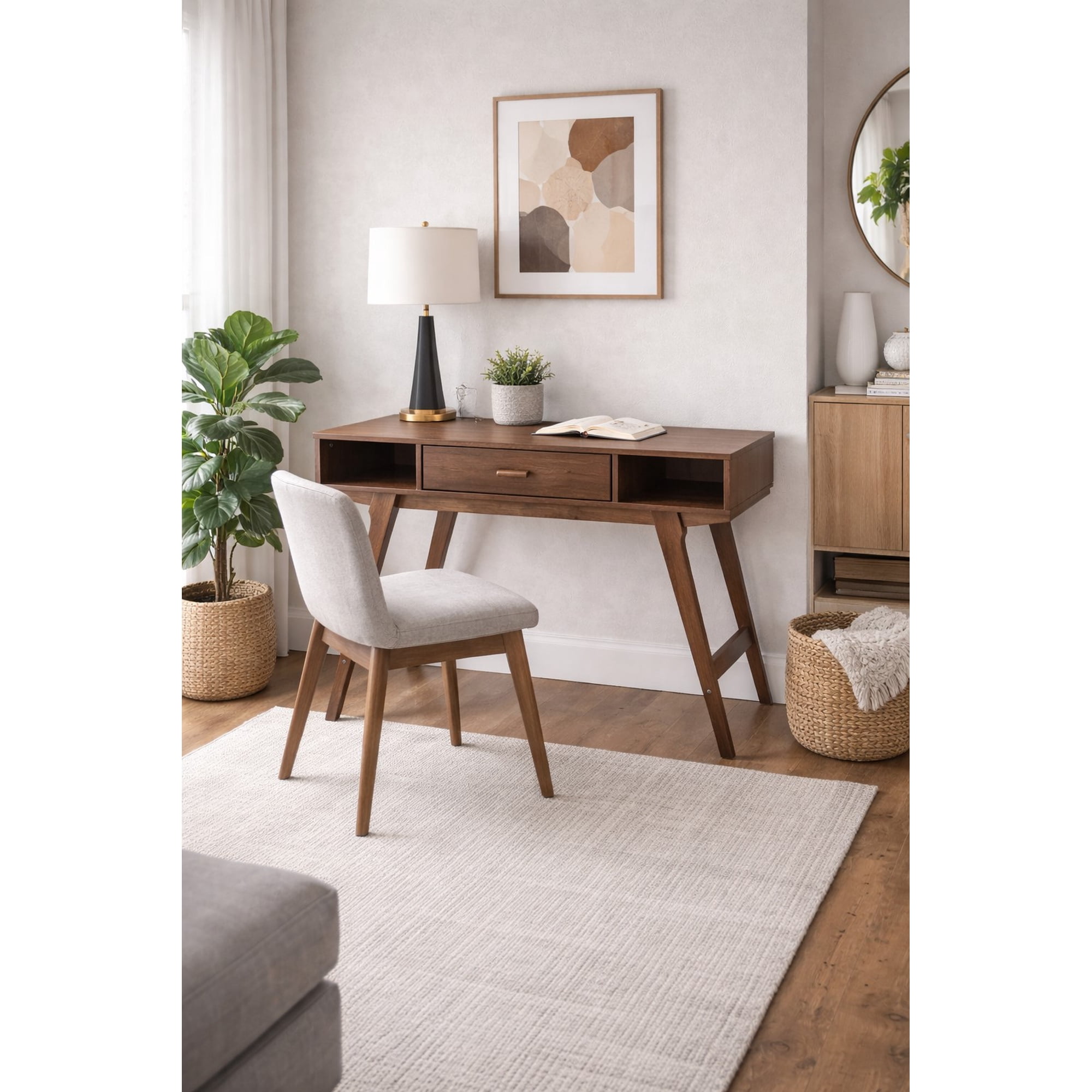 OSHOME Mid-Century Modern Writing Desk with Drawer and Open Storage in Danish Walnut