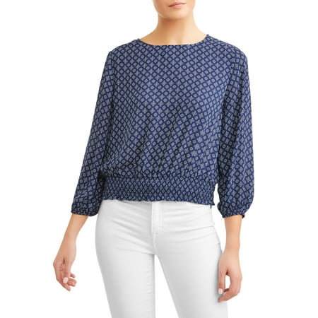 Smocked Woven Shirt - Women's Smocked 3/4 Sleeve Blouse