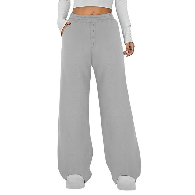 Womens High Waist Wide Leg Sweatpants Button Stretchy Work Pants Straight Leg Loose Casual Fall Travel Trousers with Pocket Gray M