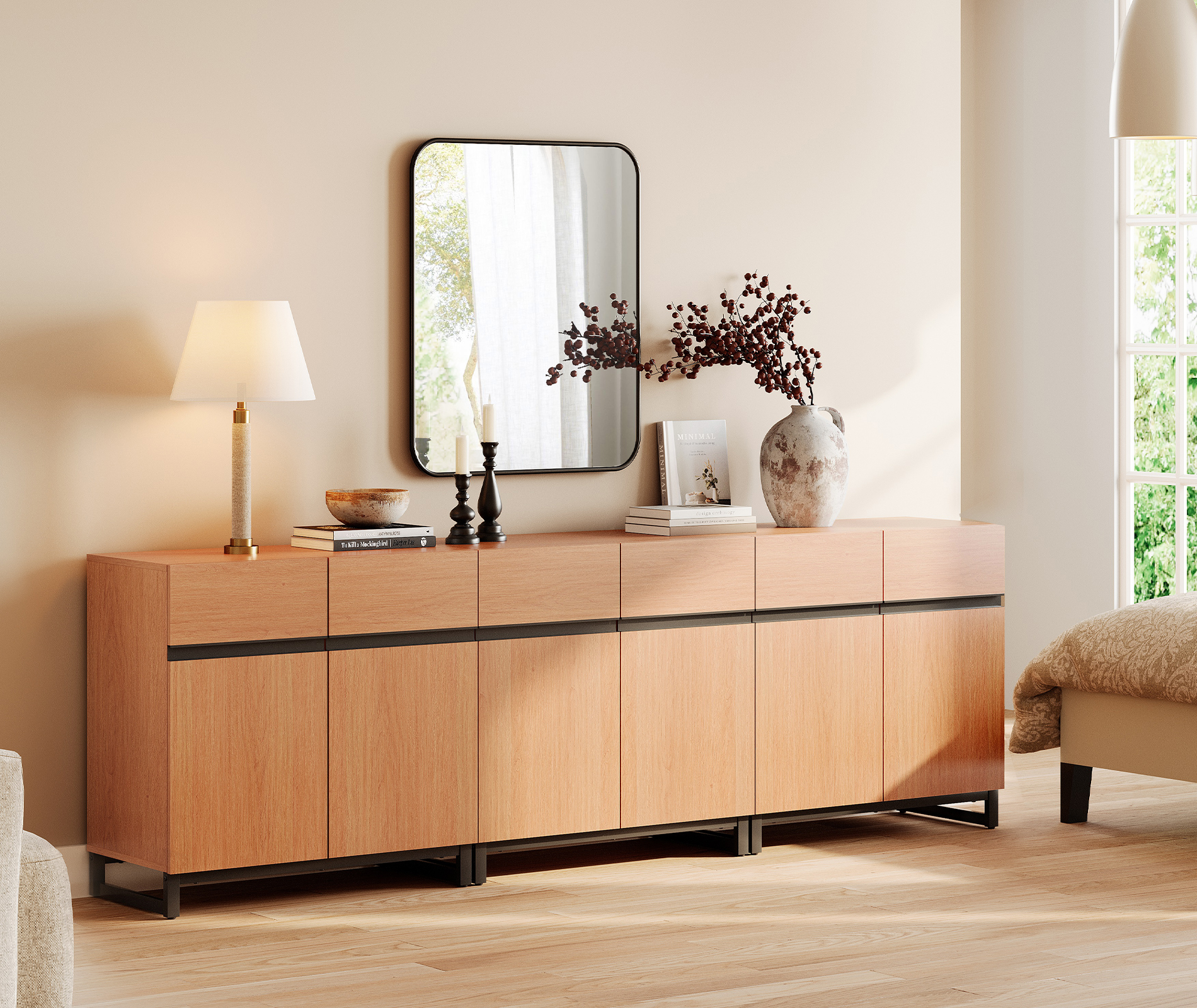 WAMPAT 3 PCS Modern 72" Tall Bookcases with Metal Base and Adjustable Shelves, Library Book Shelf with Storage Cabinet and Open Book Shelfs, Wood Bookshelves for Home Office, Living Room, Mocha