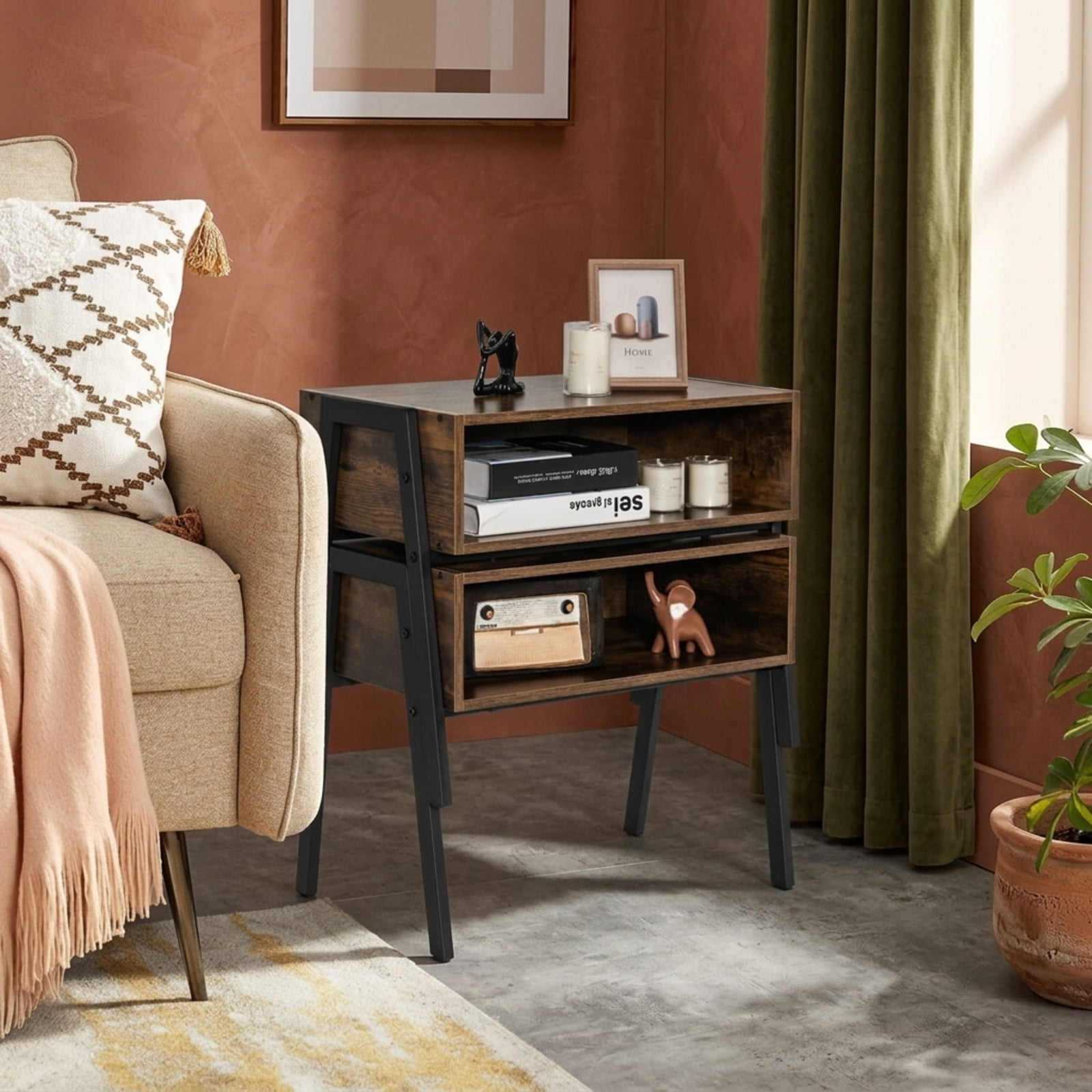 Furnibear 1 Piece Stackable Night Stand Shelf Accent Table with Metal Frame for Bedroom Living Room Bedside Sofa Side Small Space, Coffee
