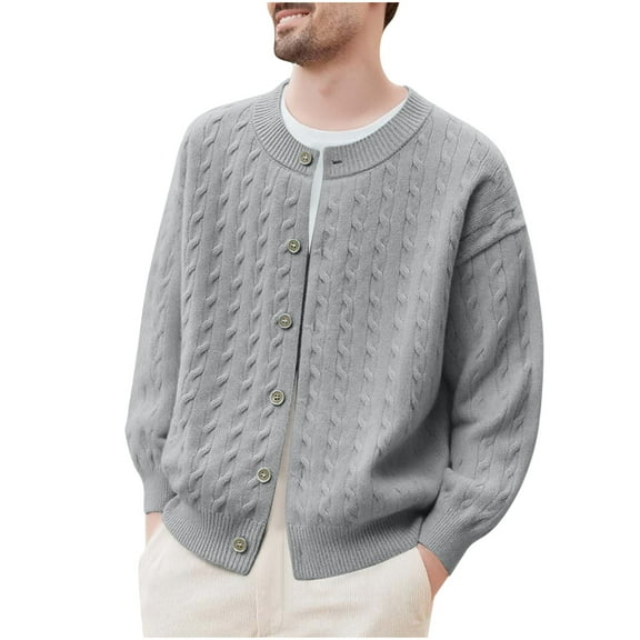 Mens Cable Knitted Sweater Long Sleeve Crew Neck Cardigan Sweaters Button Down Knitted Jackets for Casual and Formal Outfits Gray XL
